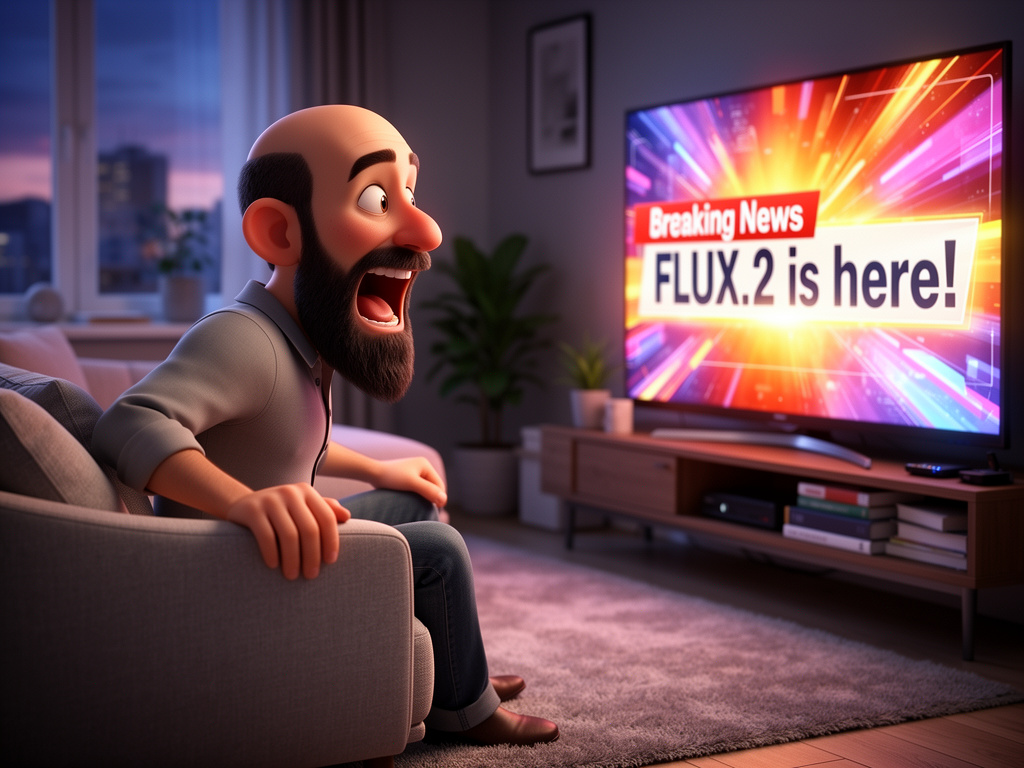 A person surprised with the breaking news of Flux 2 release. 