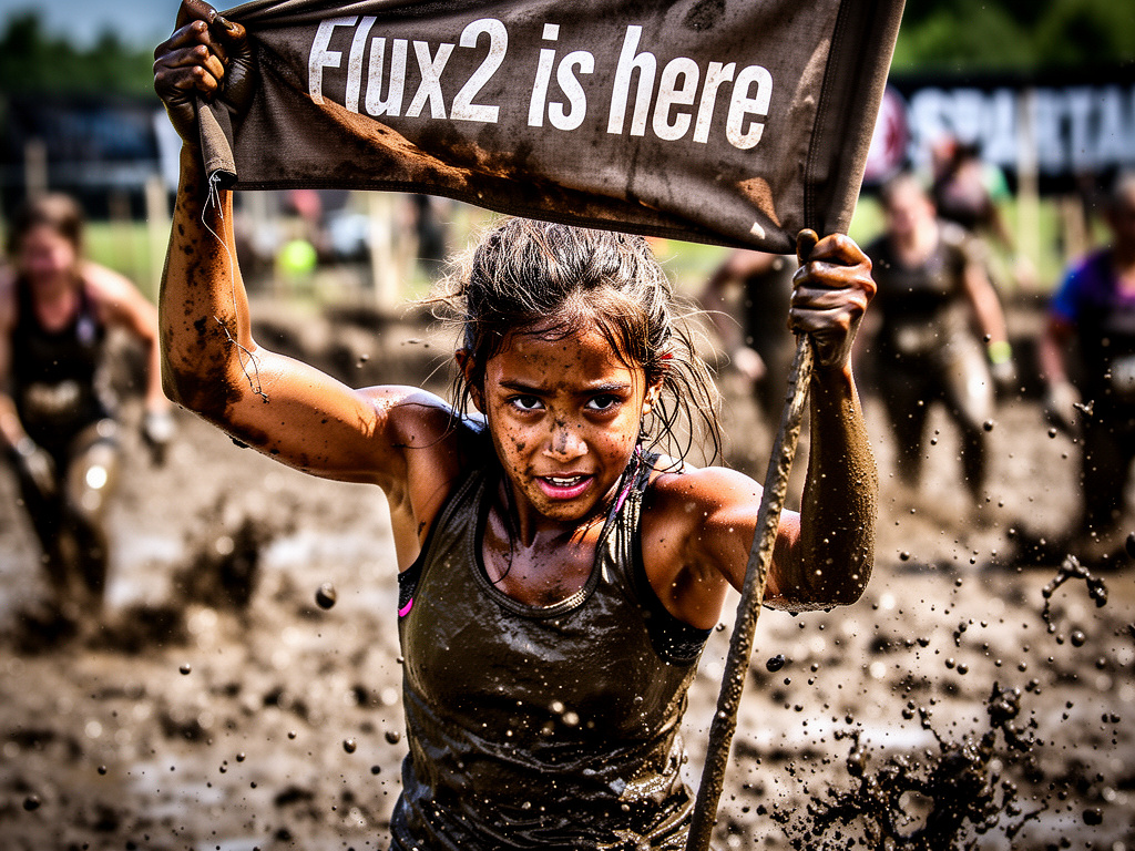 incredible detailed image of a young girl in a muddy spartan race lifting a flag that reads ‘Flux2 is here’