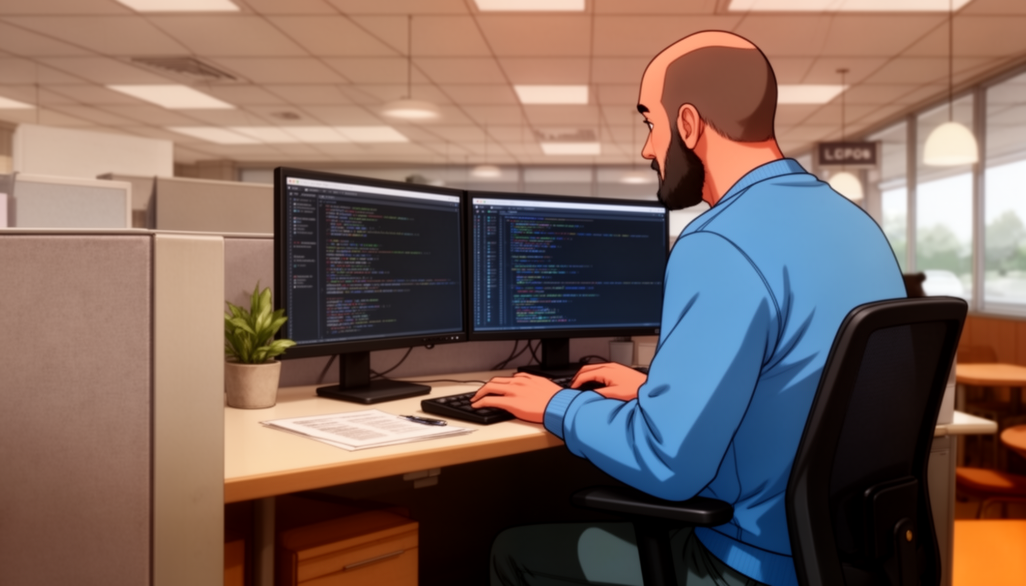 The guy in blue tshirt working at his desk 