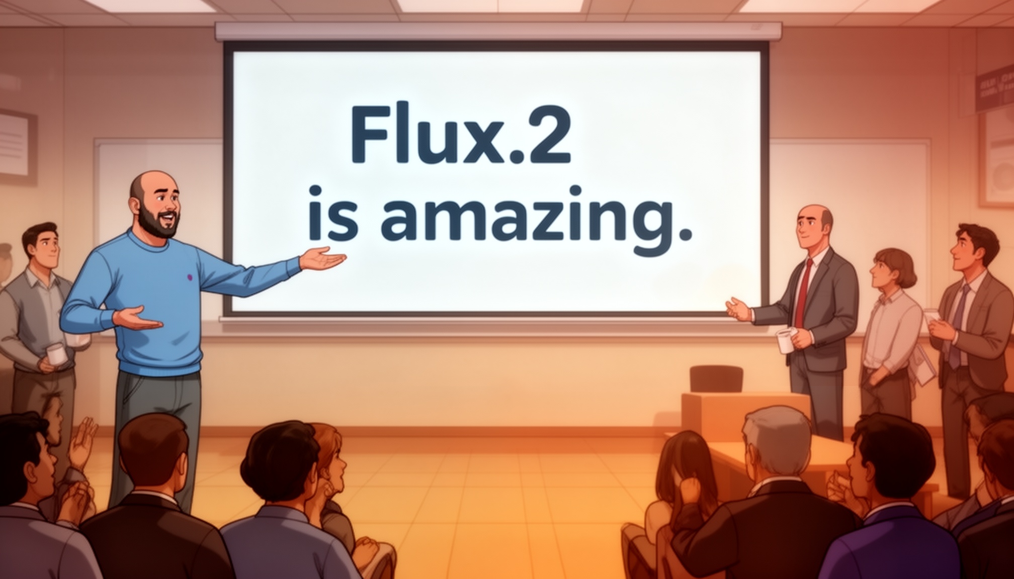 A guy in blue tshirt presenting to his peers