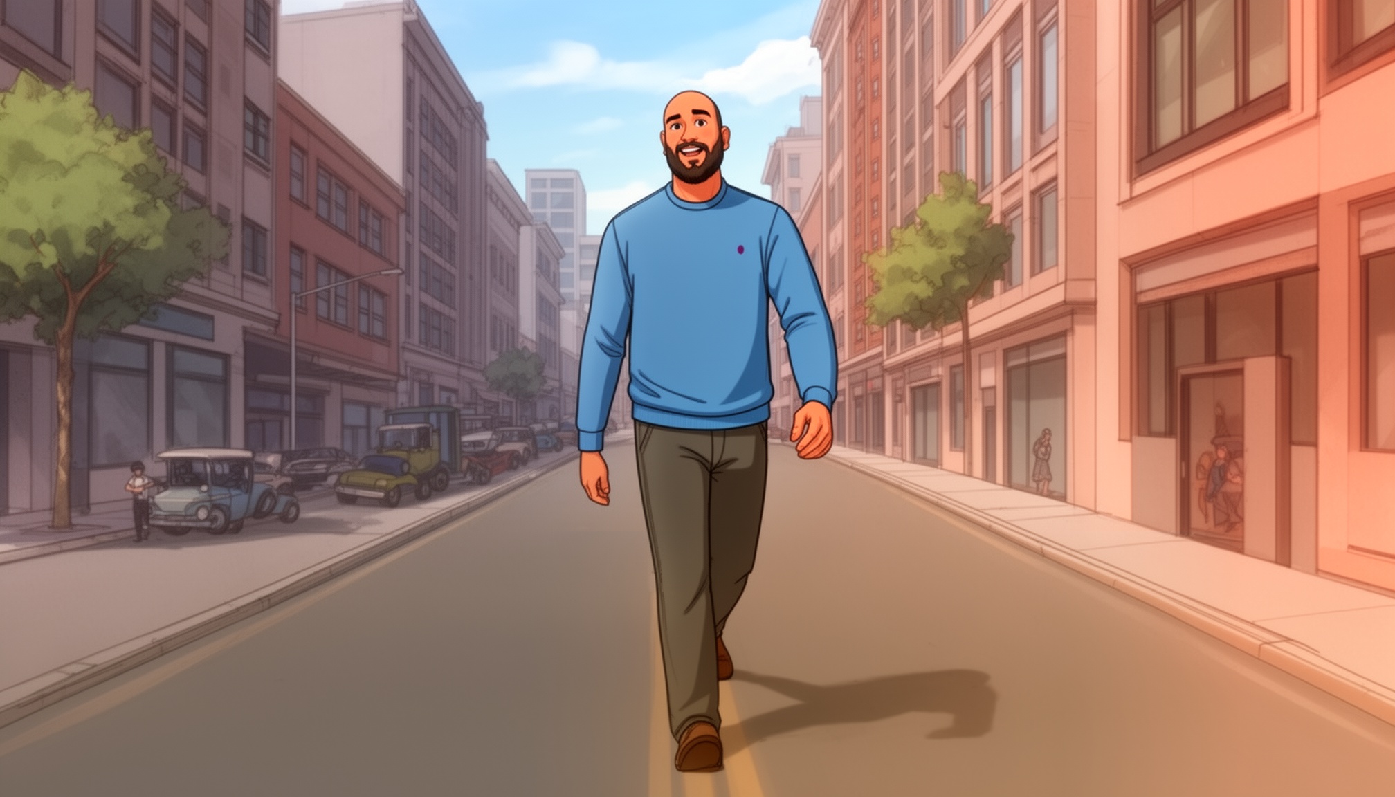 The guy in blue tshirt walking down the street