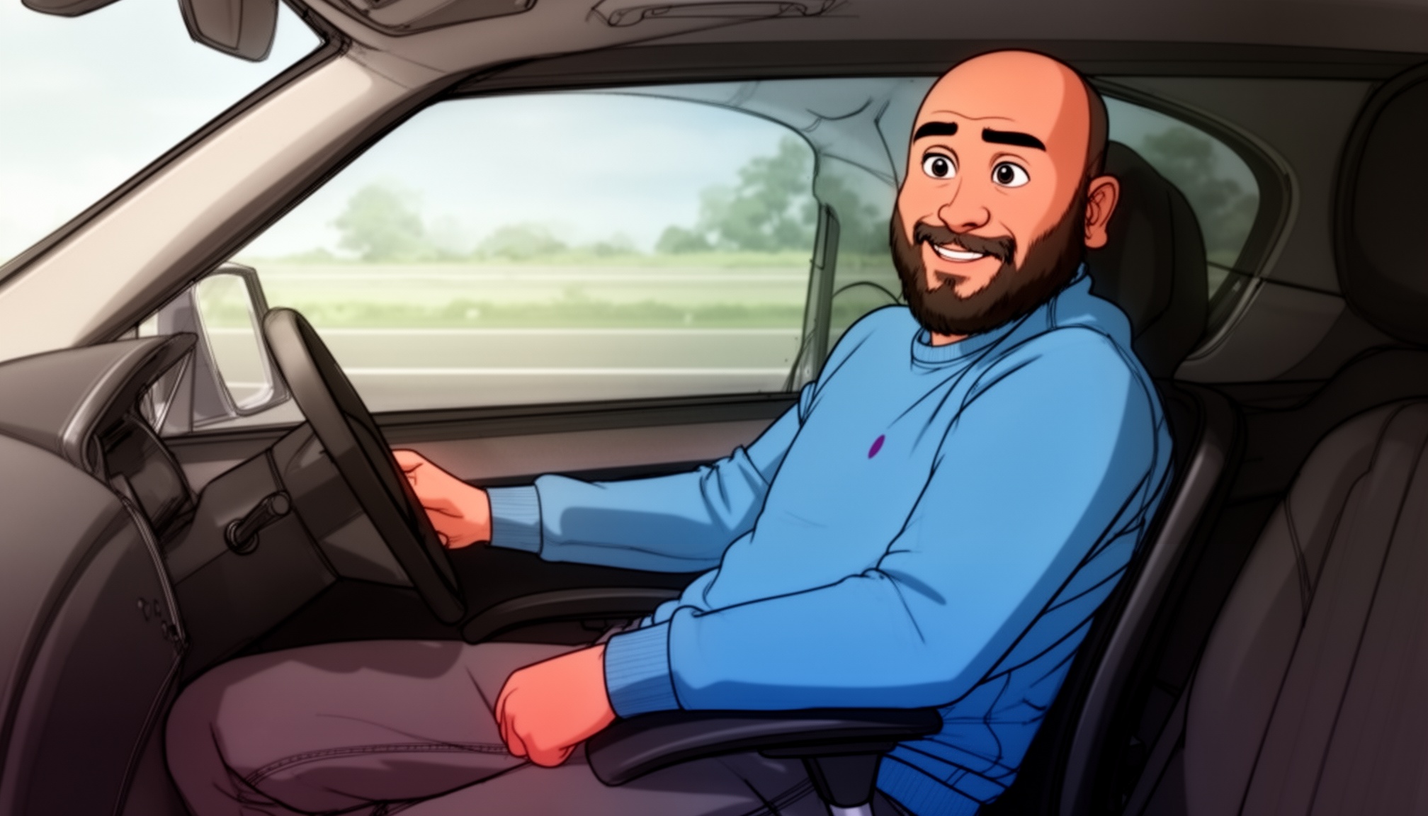 The guy in blue tshirt driving a car