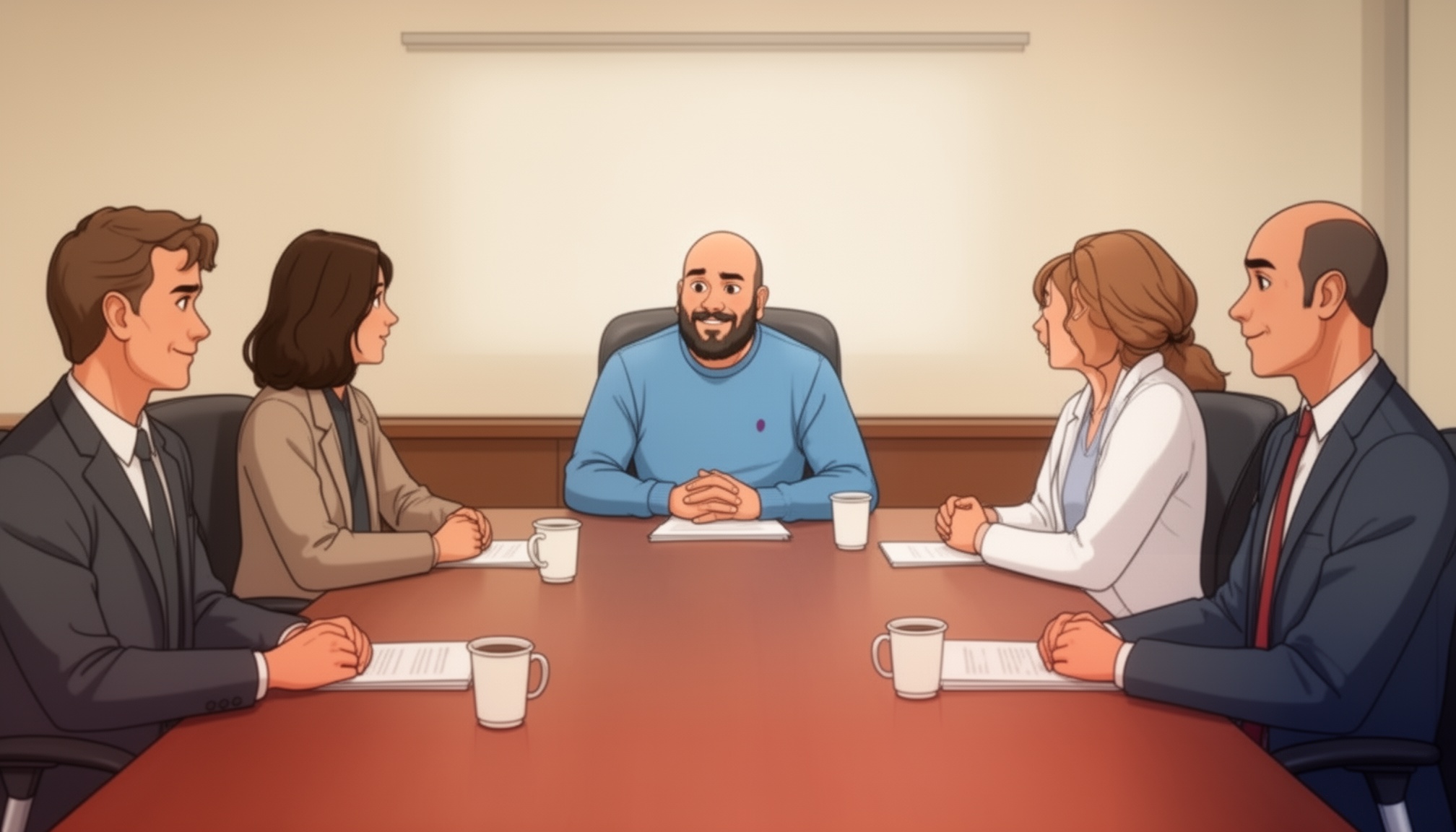 The guy in blue tshirt in a meeting