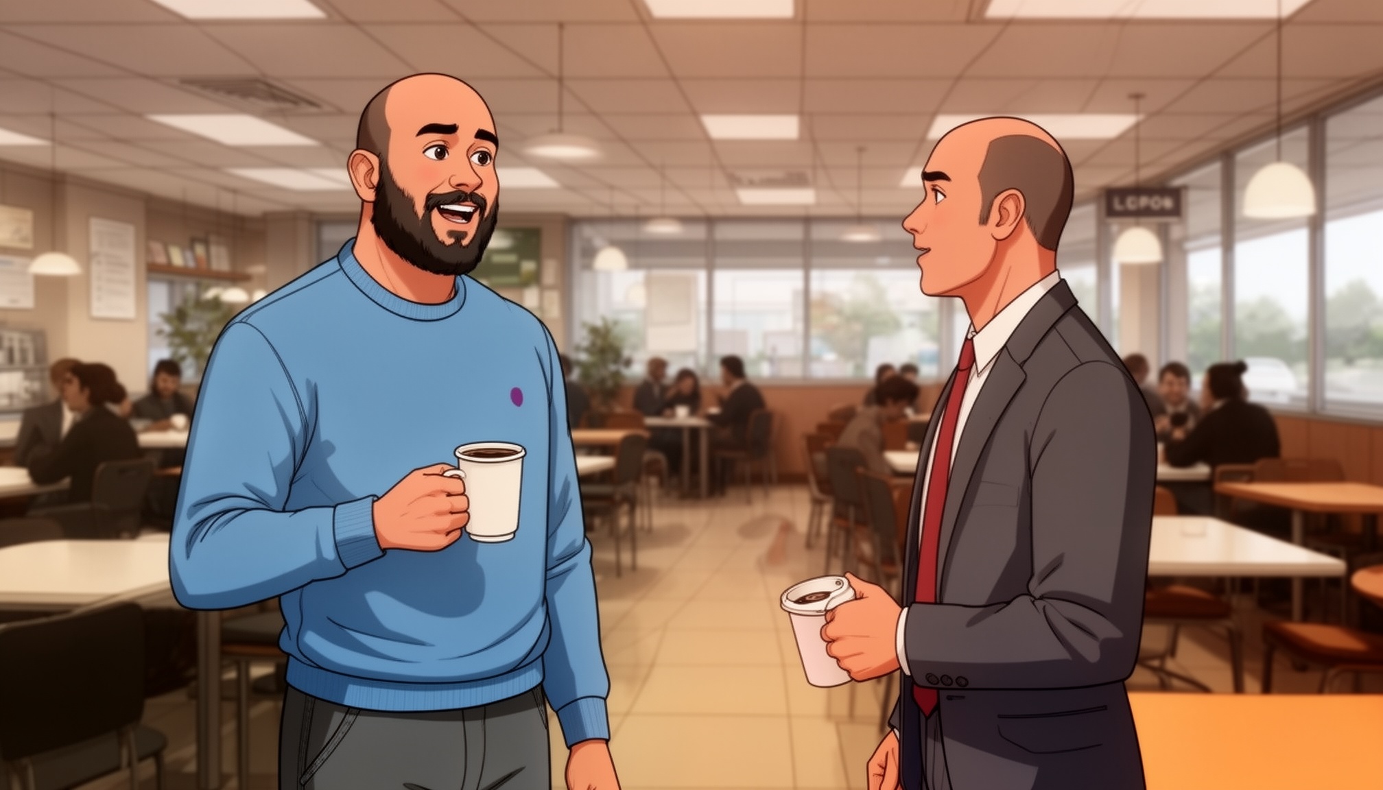 The guy in blue tshirt having chat with another person in cafeteria