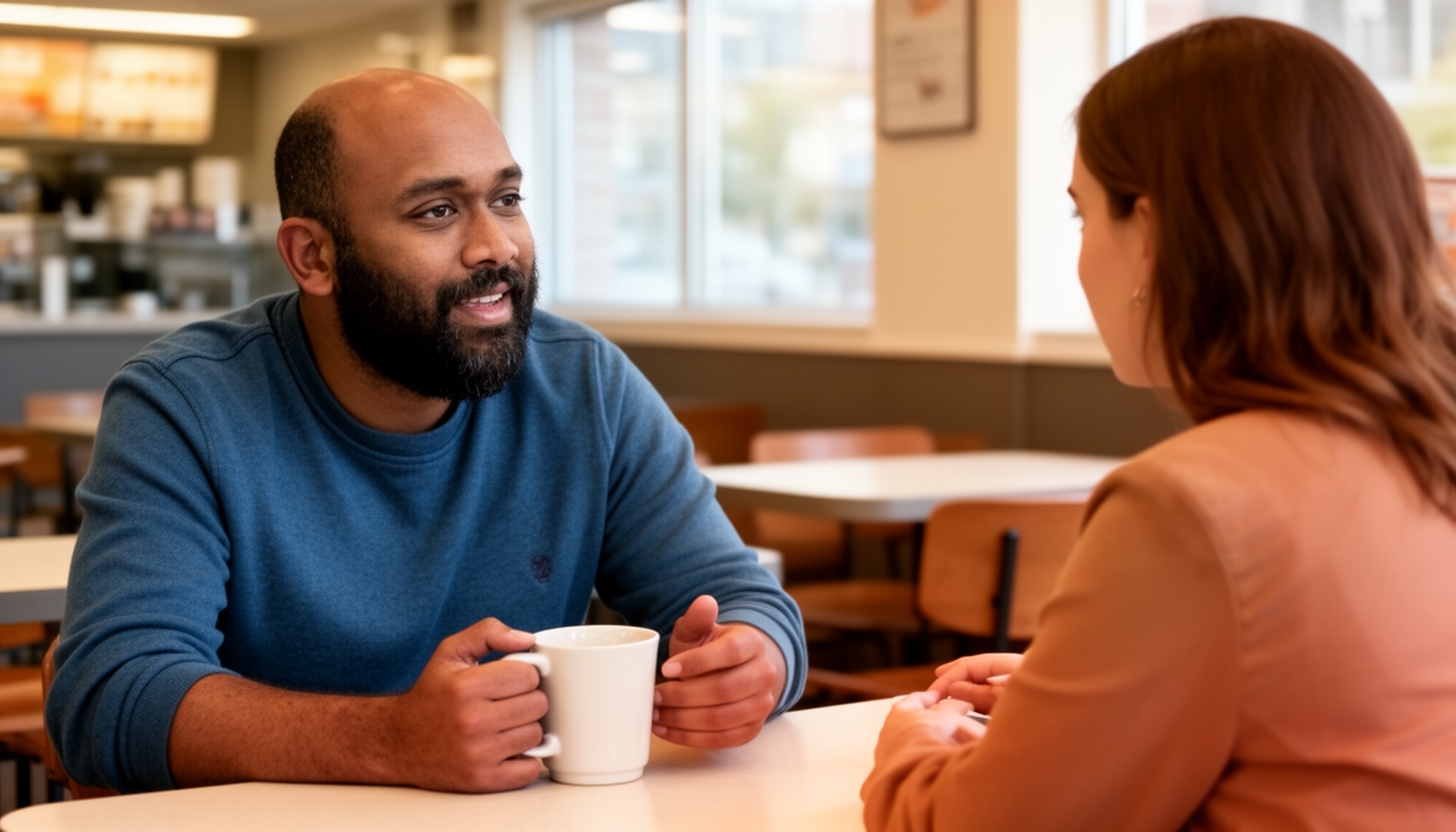 AI generated image of me talking with a colleague