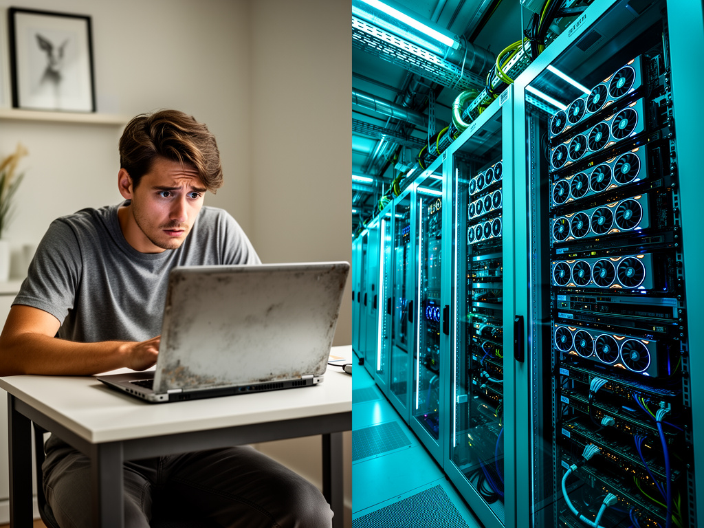 Split screen showing a person with regular laptop vs an enterprise server with multiple GPUs