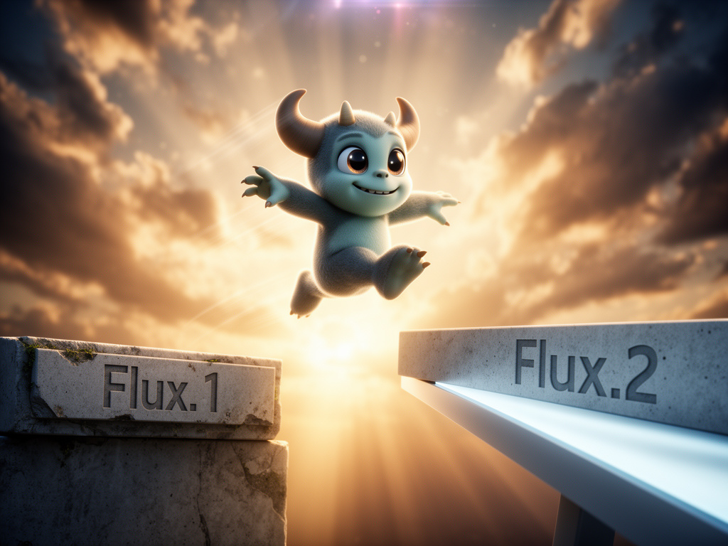 A cute little monster jumping from Flux.1 to Flux.2