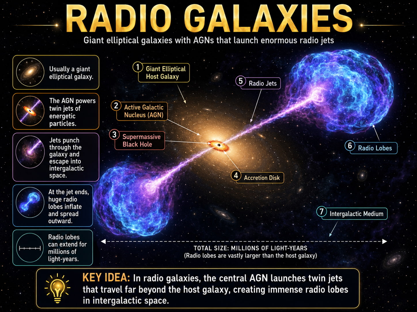 Radio galaxy and radio lobes illustration