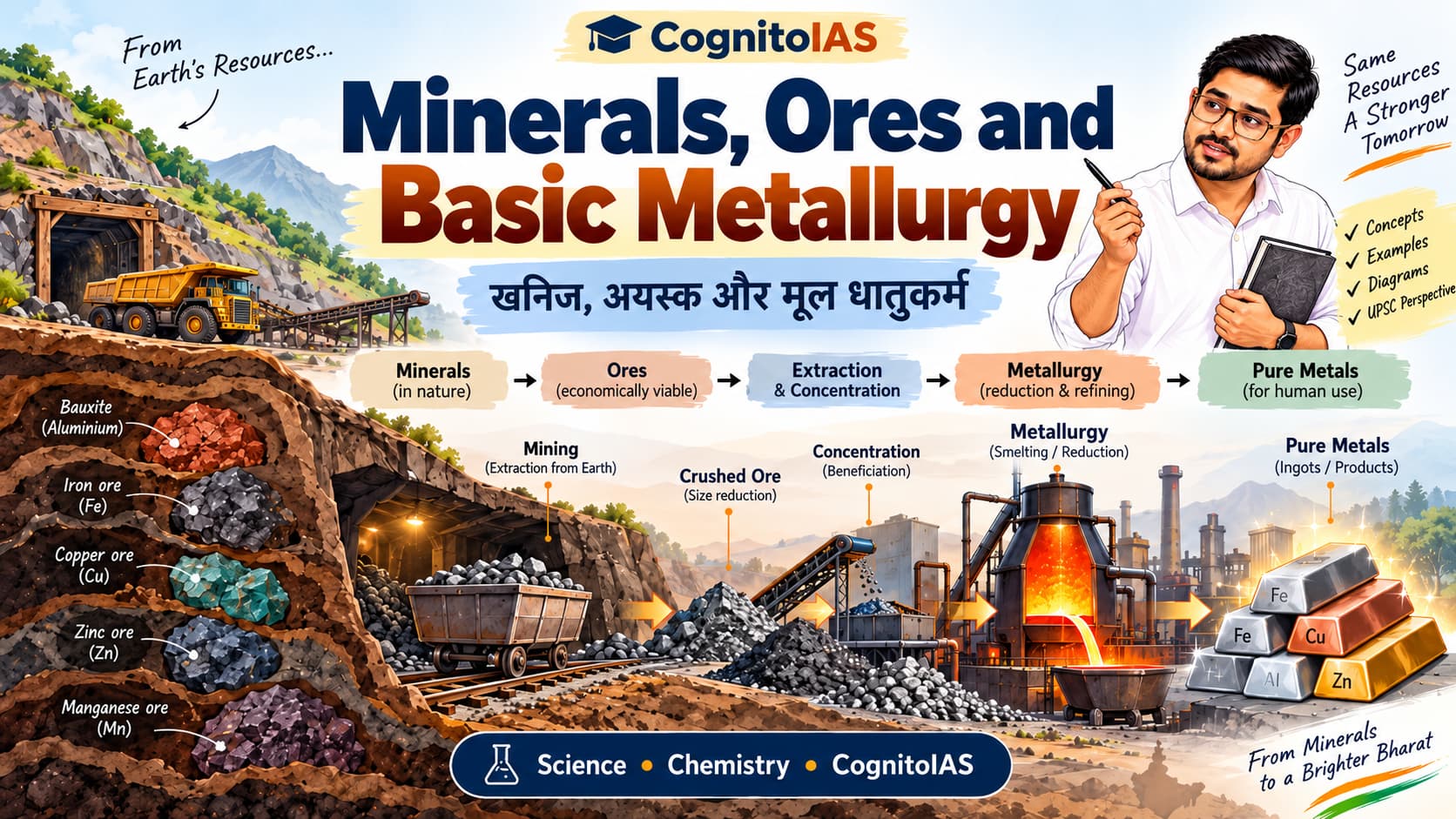 CognitoIAS cover: Minerals, Ores and Basic Metallurgy with mining, concentration, smelting and refining illustrations