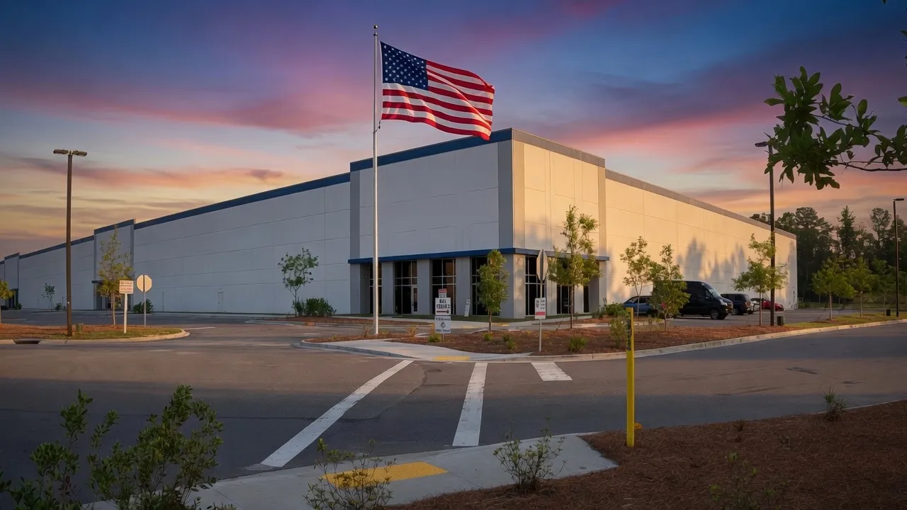 An American flag flying over a GWSI logistics facility at first light