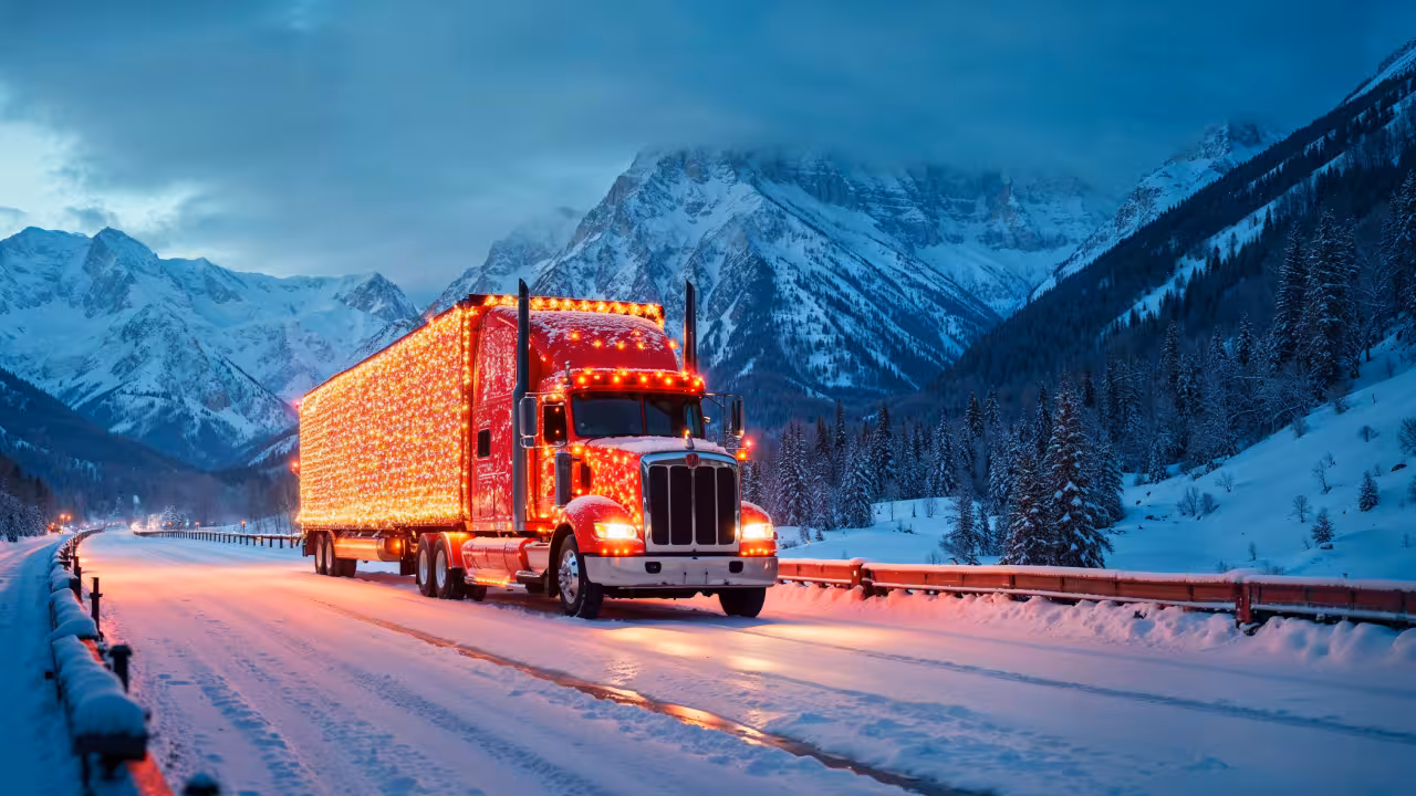 Red semi covered in holiday lights driving on a snowy road