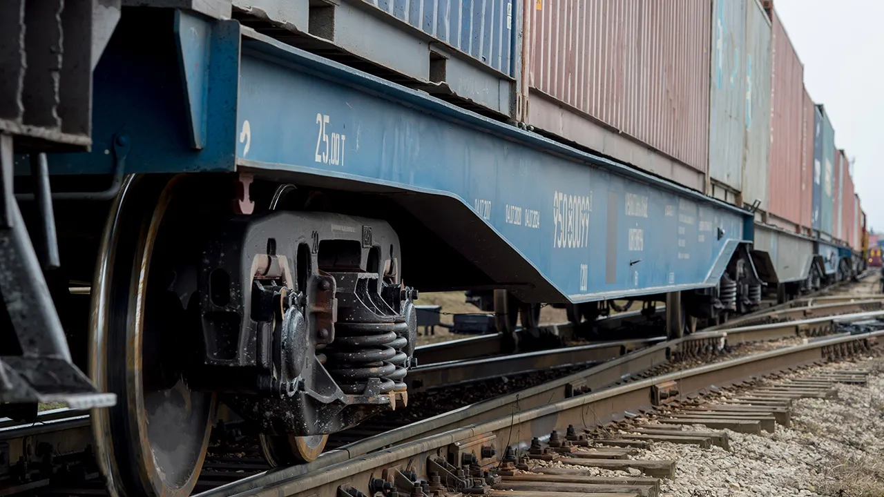 The cars of a freight train stretching into the distance
