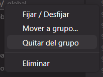 Item context menu - Pin/Unpin, Move to Group, Remove from Group, Delete