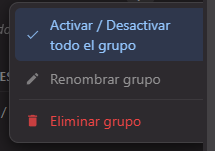 Group context menu: Toggle All, Rename, Delete Group