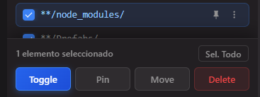 Multi-select with bulk action bar: Toggle, Pin, Move, Delete