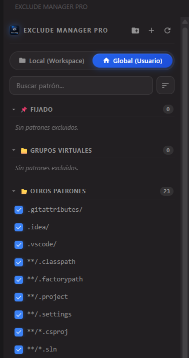Exclude Manager Pro full sidebar view