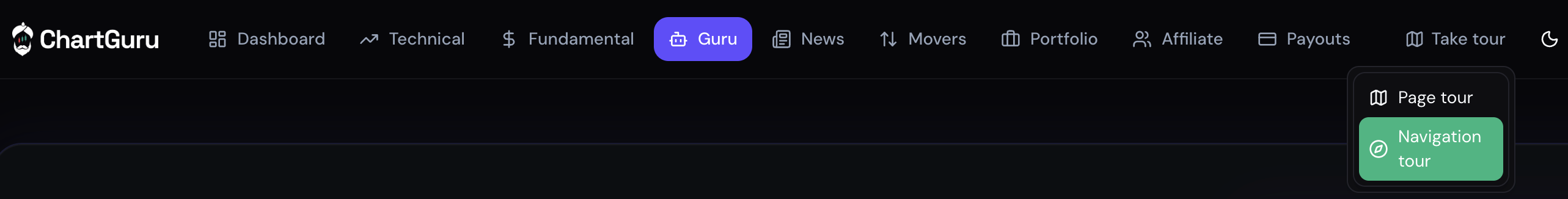 ChartGuru header with Take tour menu: Page tour and Navigation tour options