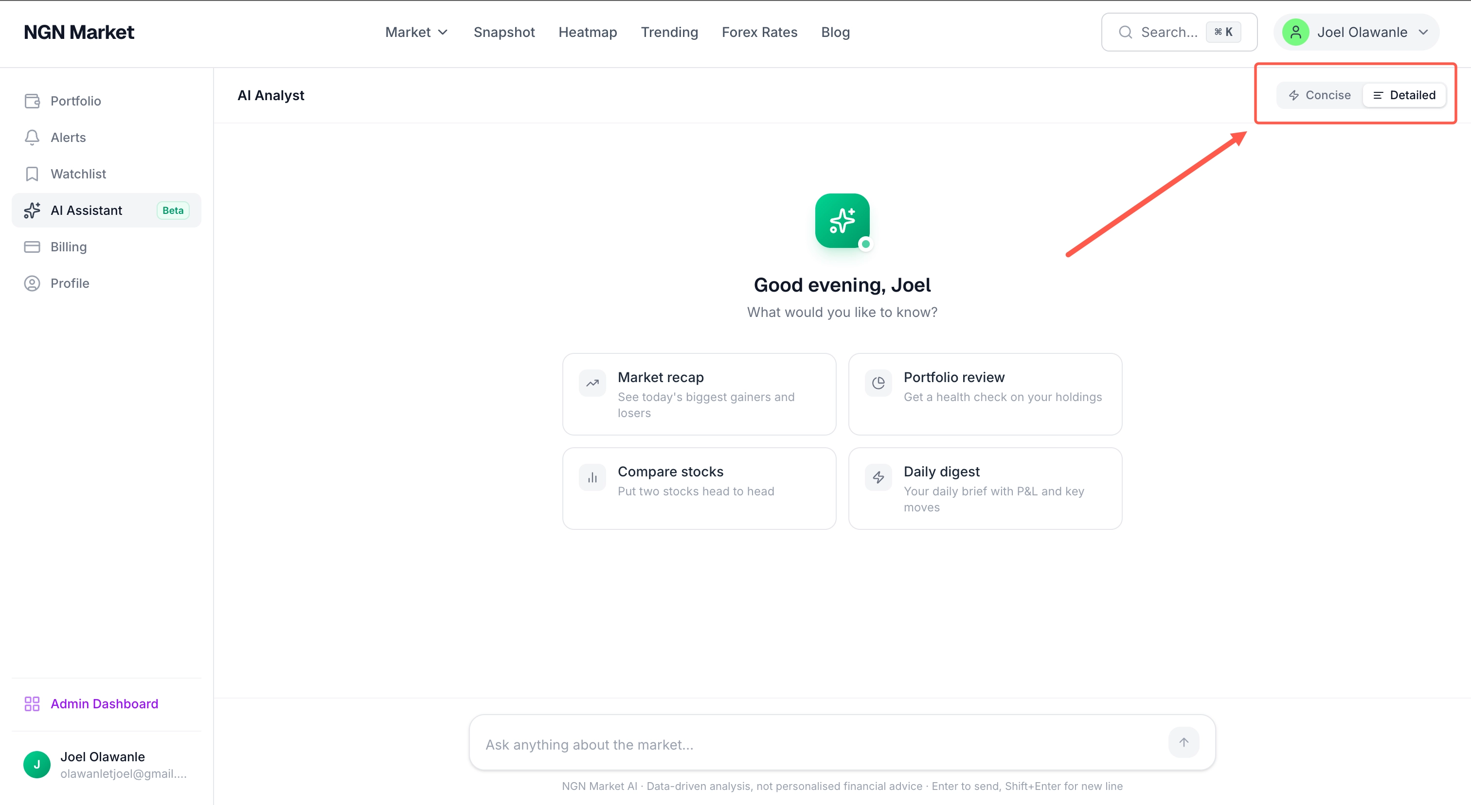 Concise and detailed response mode options in the AI analyst
