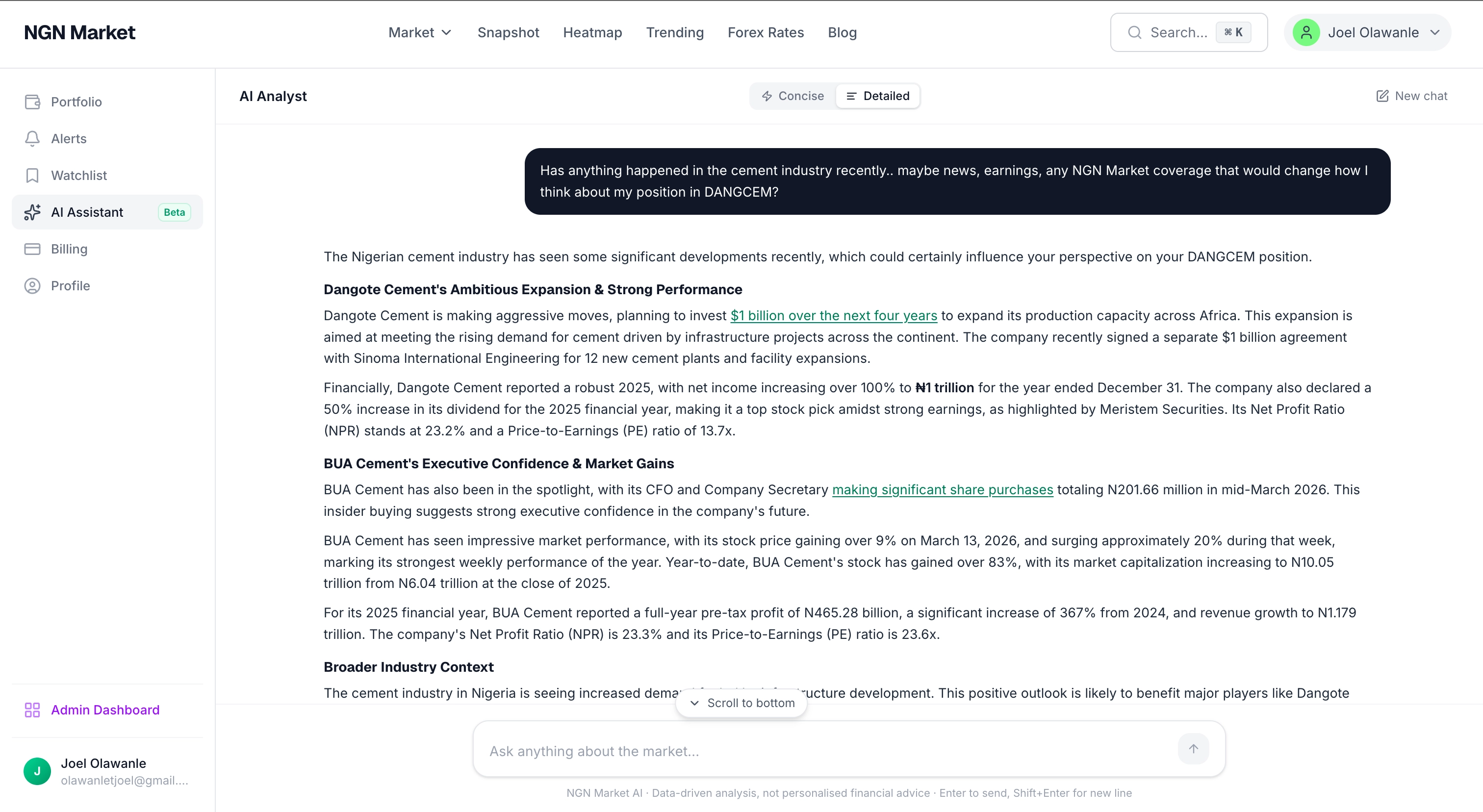 Example of a deep research question answered by the NGN Market AI analyst