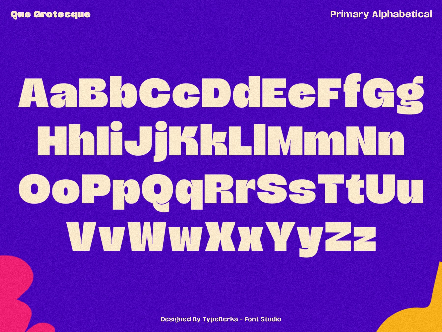 Que Grotesque font displaying uppercase and lowercase alphabet in a bold, striking style, perfect for branding and UI design.