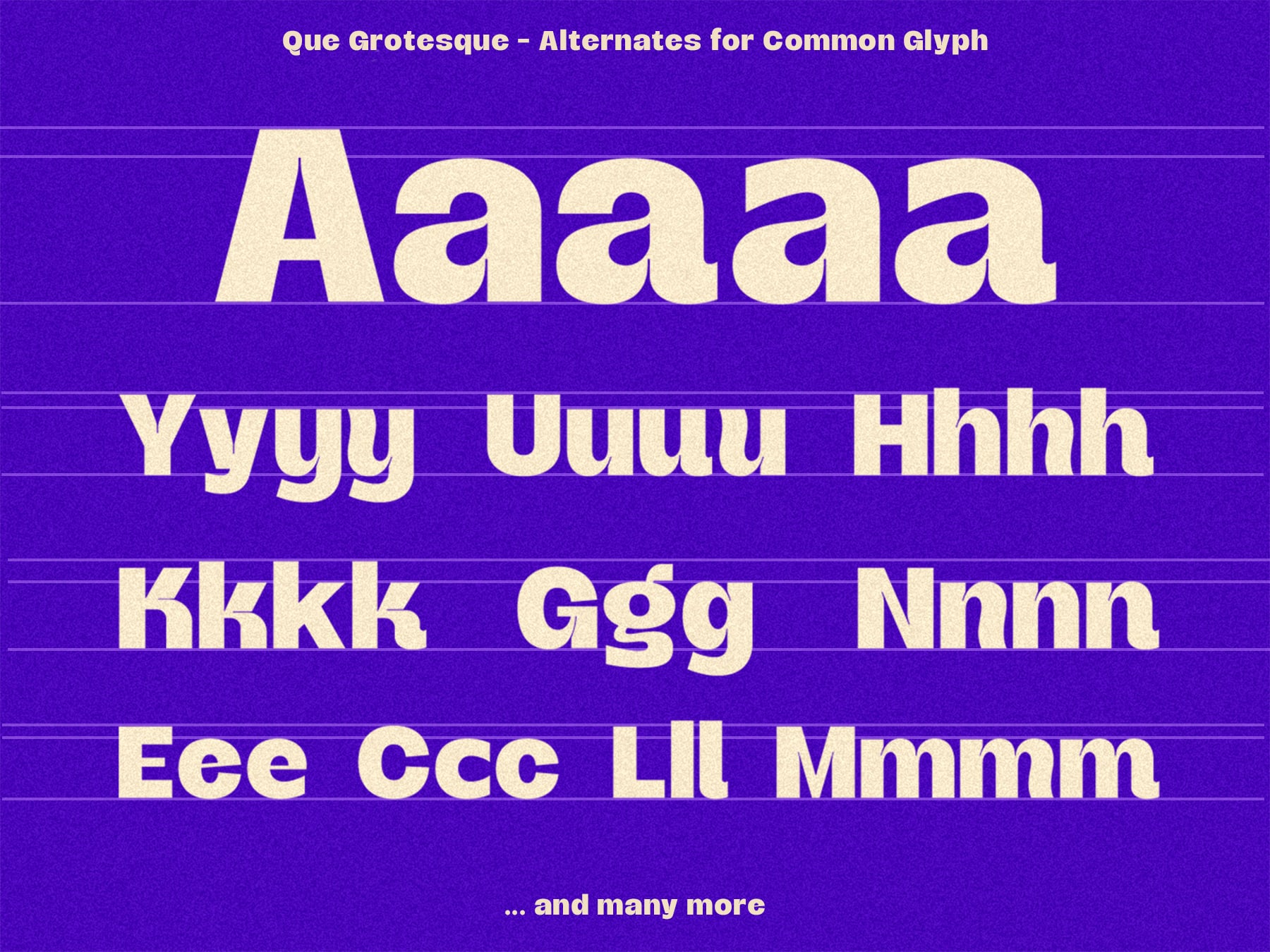 Que Grotesque font showing alternate glyphs for common letters, offering flexibility and unique character for creative designs.
