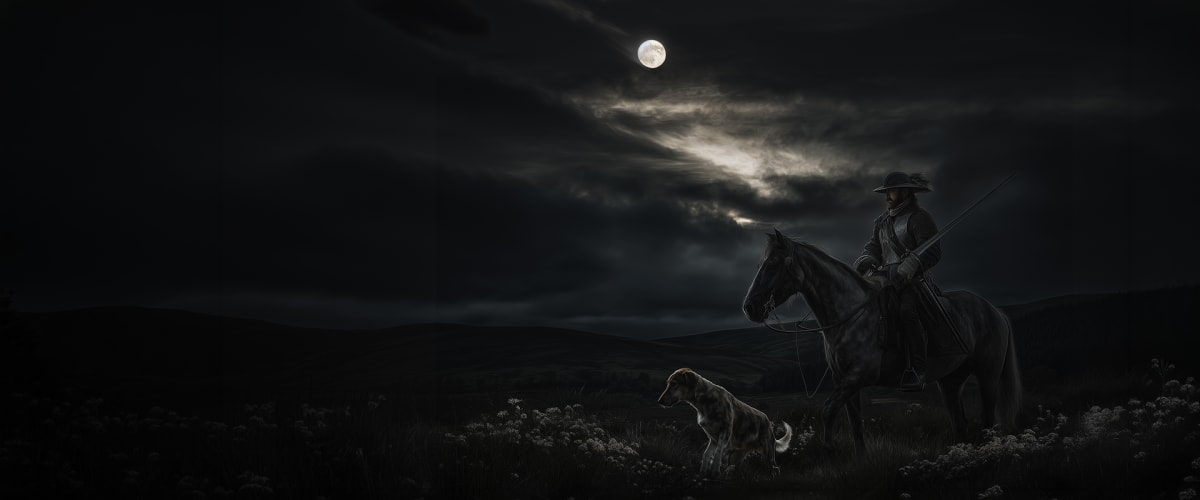 Border horseman in steel bonnet crossing wild moorland