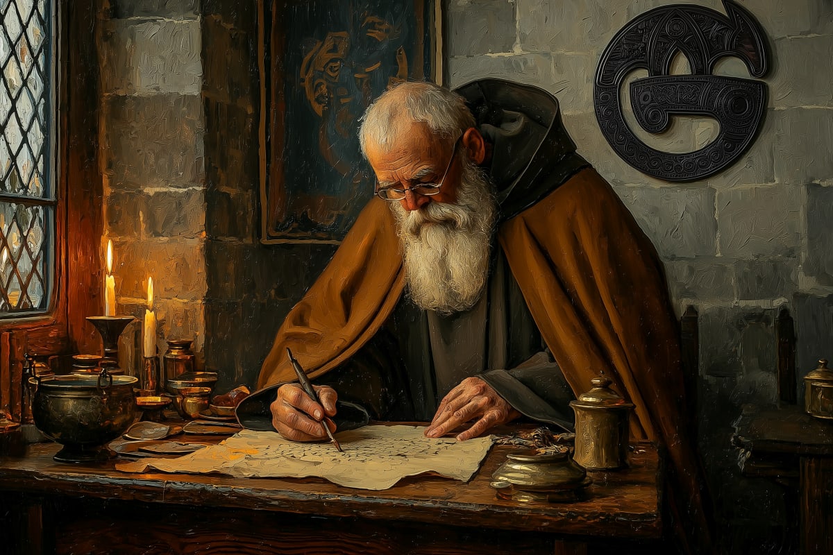 Monk painting illuminated manuscripts in a Lindisfarne scriptorium