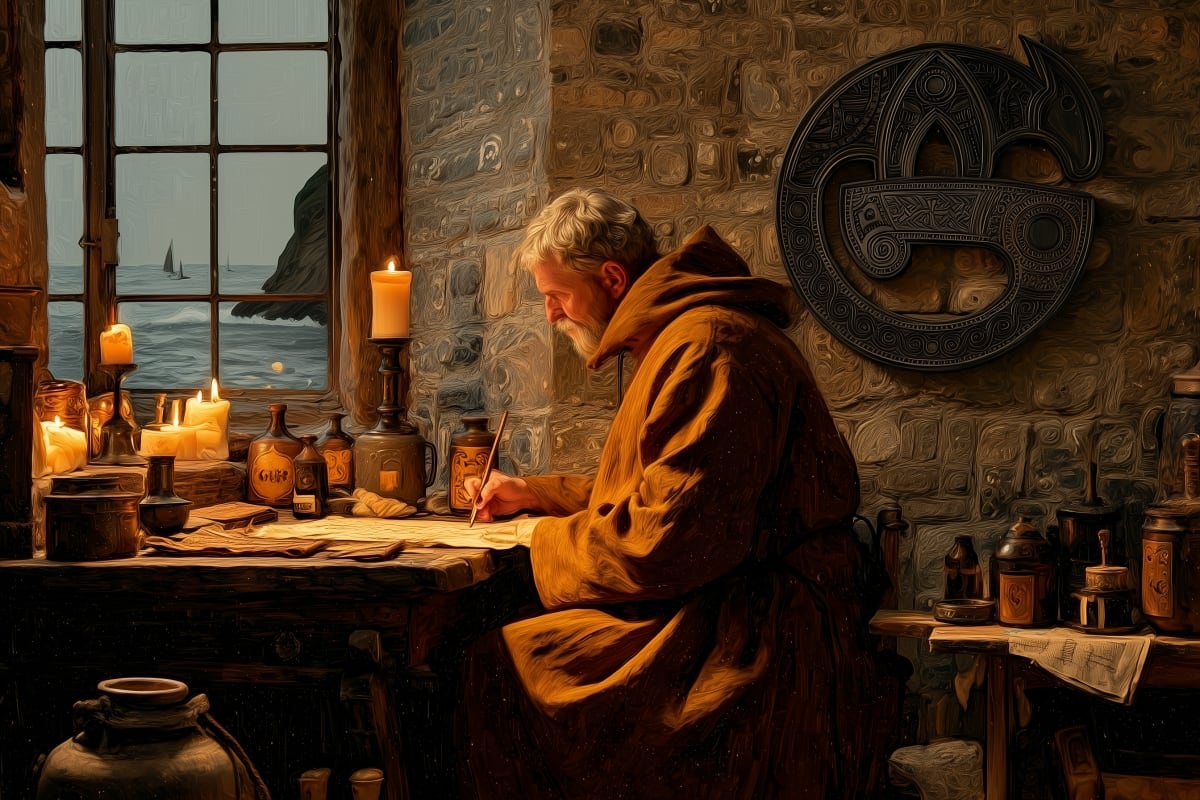 Lindisfarne monk at work on the Gospels by candlelight