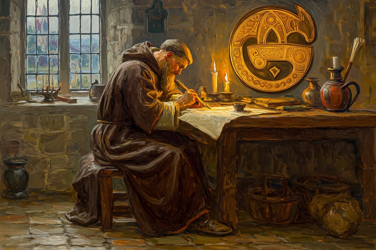 Celtic manuscript illumination in a stone-walled monastery