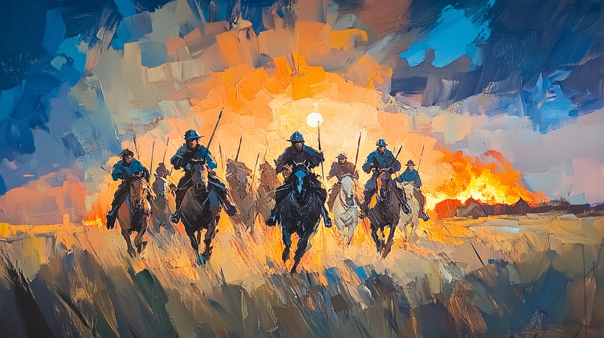 Border Reivers riding as a group through wild border country