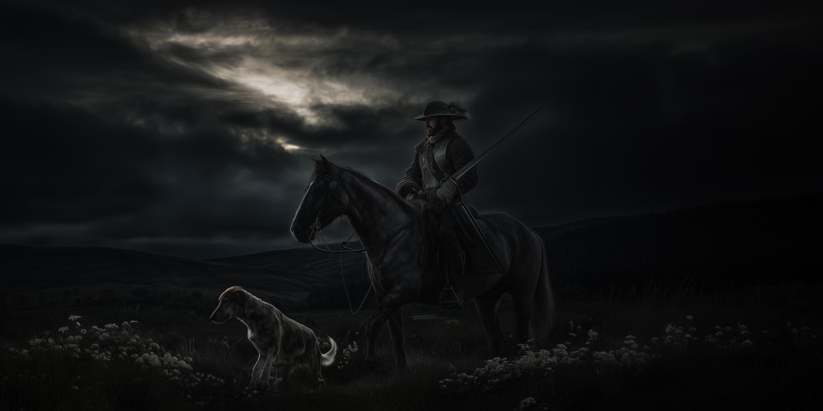 Moonlit reiver crossing wild country