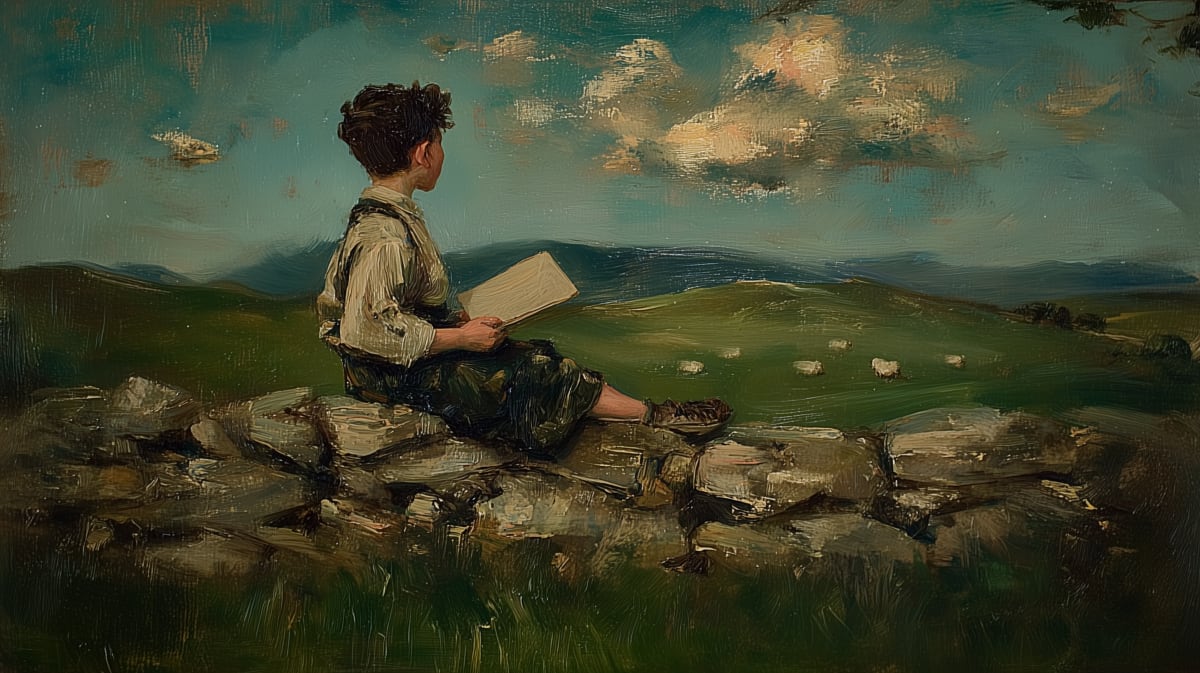 Young Lancelot Brown sketching on a dry stone wall in the Northumberland countryside — AI-generated impression