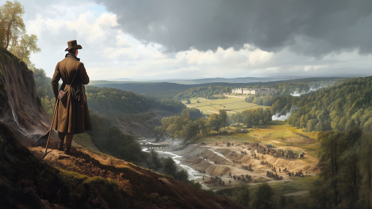 Capability Brown directing labourers reshaping an English landscape — AI-generated impression