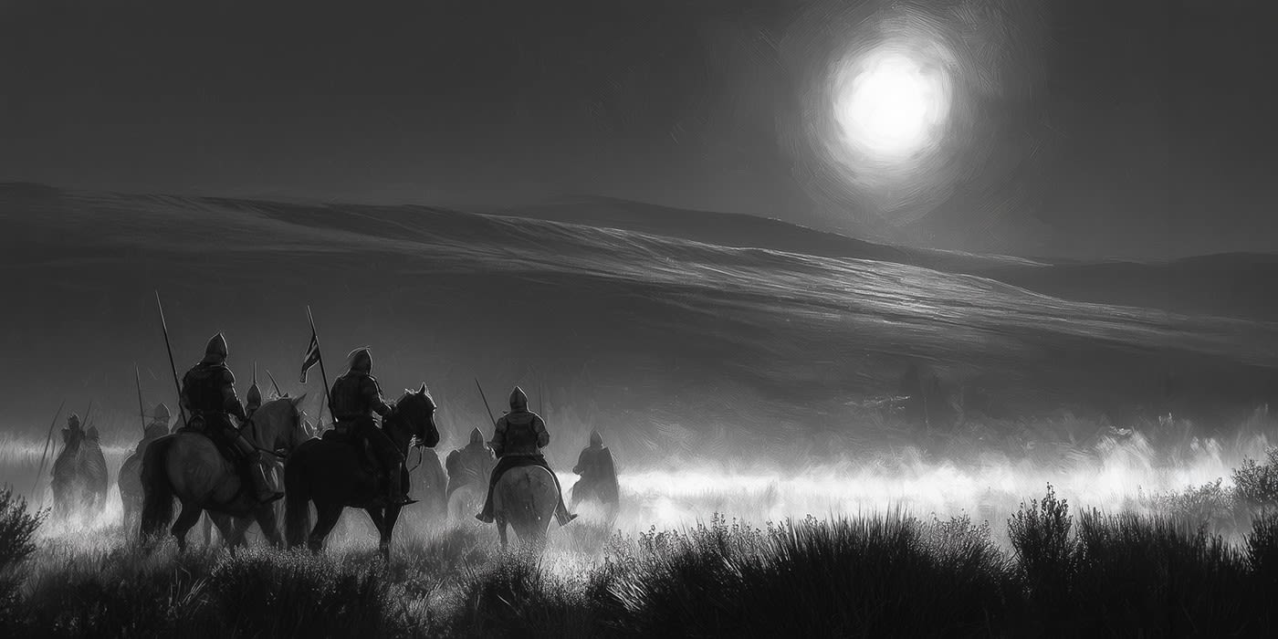 Mounted knights advancing under a full moon — the moonlit Battle of Otterburn, 19 August 1388, Redesdale