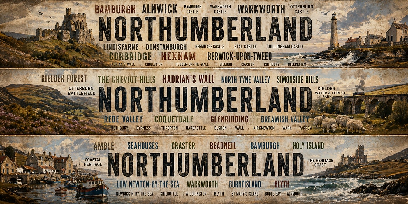 Three NORTHUMBERLAND typographic banners with castle, hills and coast scenes — Bamburgh, Alnwick, Warkworth, Lindisfarne, Hexham, Berwick, Cheviot, Hadrian's Wall, Kielder, Amble, Seahouses, Holy Island