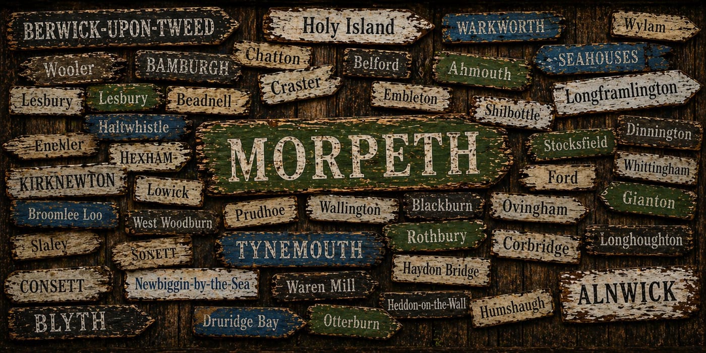 Painted Northumberland place-name signs on weathered wood — Morpeth, Alnwick, Berwick-upon-Tweed, Bamburgh, Hexham, Tynemouth and more