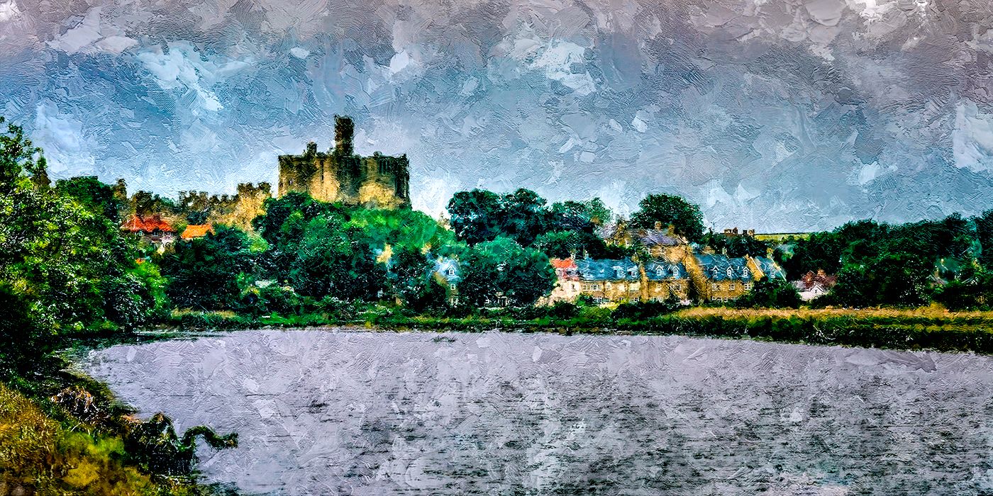 Warkworth Castle on its hilltop above the loop of the River Coquet, painterly oil view from across the water — the medieval town clustered between the castle and the river