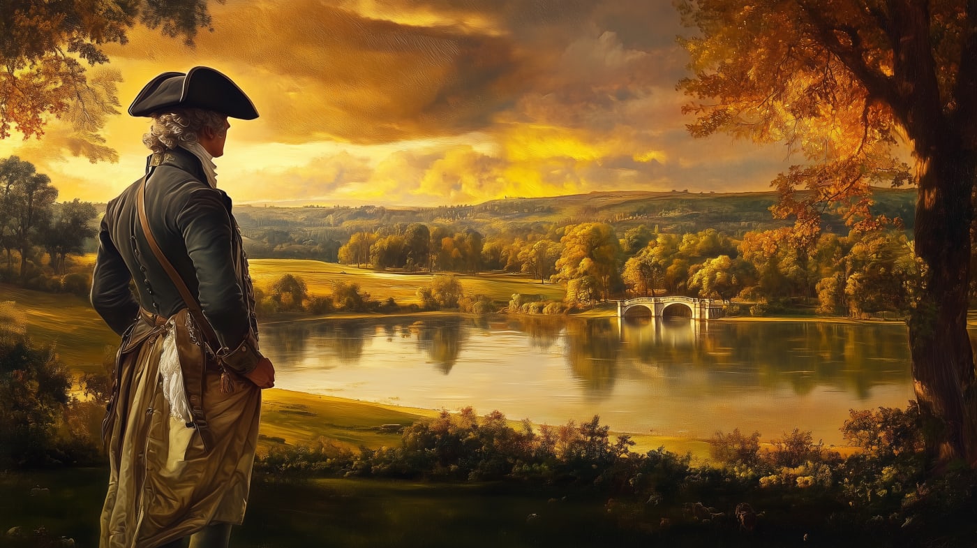 Capability Brown surveying an English landscape garden — AI-generated impression