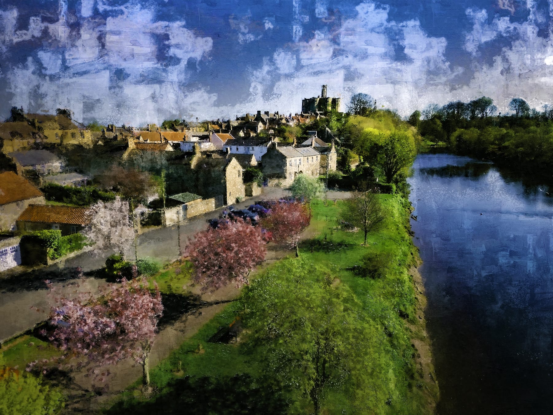 Looking up from the River Coquet at Warkworth Castle &mdash; the great tower silhouetted against the sky, view 1