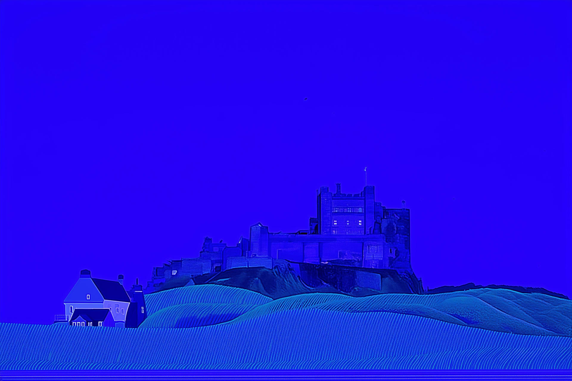 Oil painting of Bamburgh Castle rising from the dunes