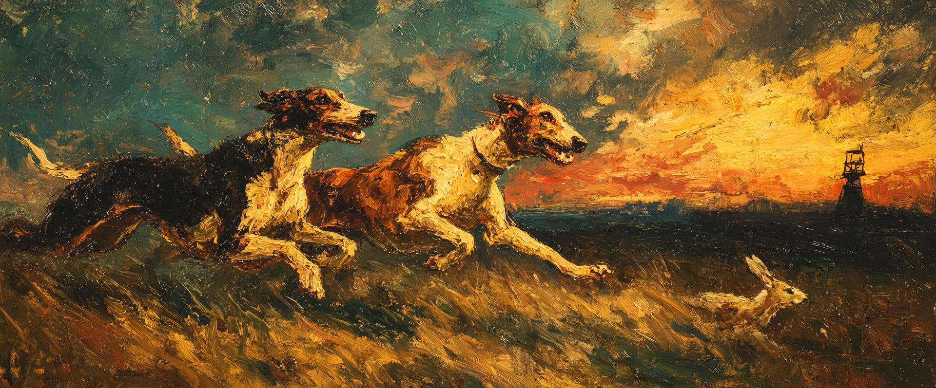 Two greyhounds released from slips, racing across open Northumberland ground