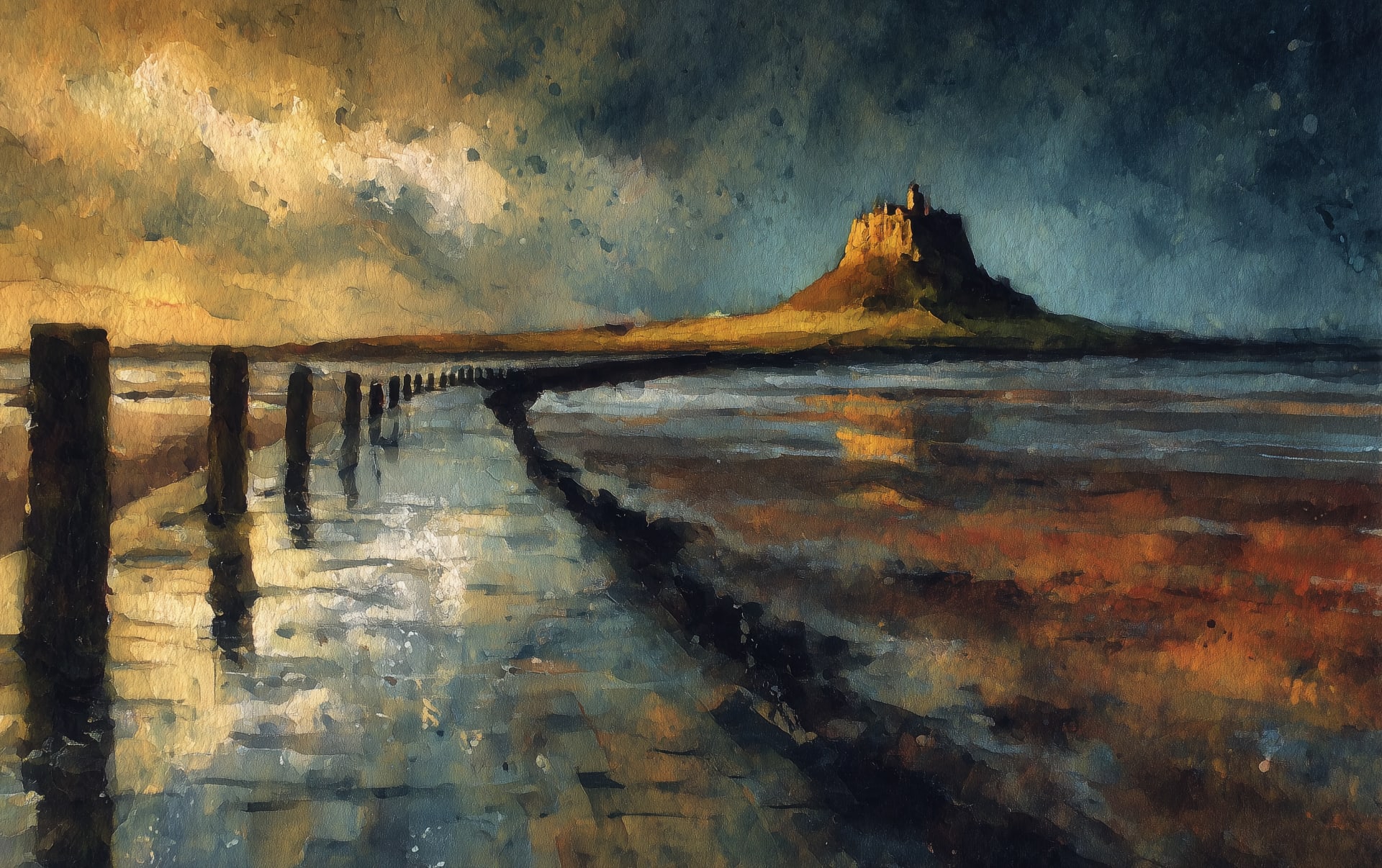 The tidal causeway to Holy Island at low tide