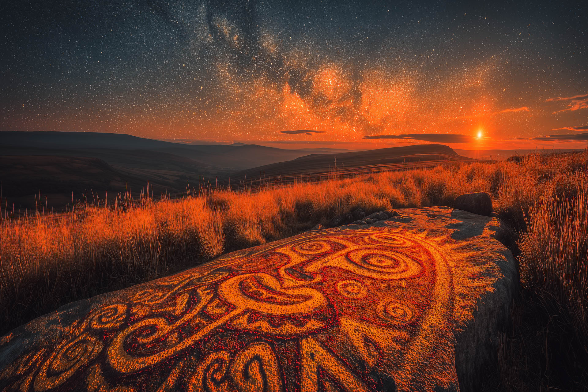 Mystical twilight scene on Lordenshaws hillfort with prehistoric cup-and-ring carved rocks under a starry northern sky