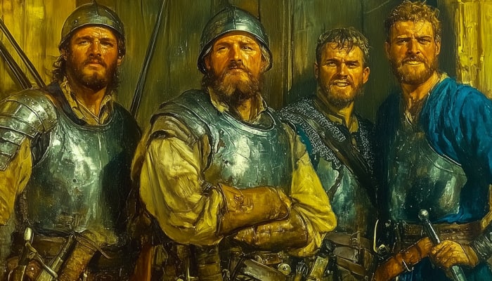 Three Border Reivers standing together in steel bonnets