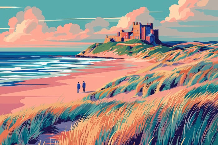 Bamburgh Castle rising from the dunes
