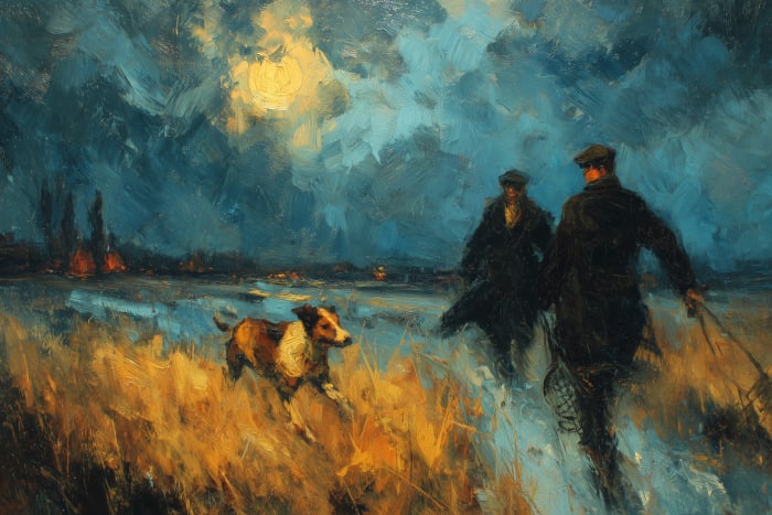 Men in heavy coats and flat caps at a coursing meet