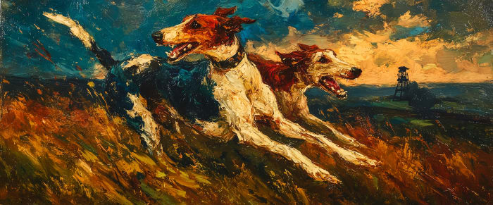 Greyhounds in full pursuit across the Northumberland border country