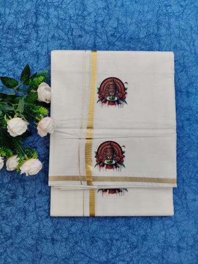 Kathakali Design 1/2 inch Kasavu Double Mundu - HS4002