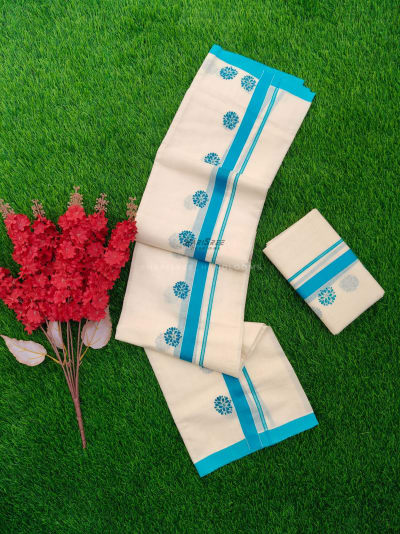 Flower Design Cotton Set Mundu | Sky Blue Colour HS2001