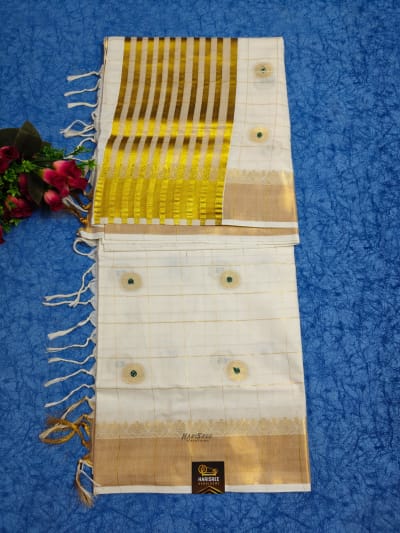 Cotton Checked Jacquard Desigin Kerala Saree | Green Colour Dot - HT104